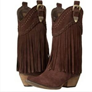 Very Volatile Pasa Western Fringe Leather  Cowboy Boots Brown Suede 10